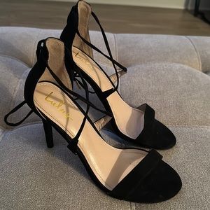 LULUS CRISS CROSS STRAP BLACK HEELS